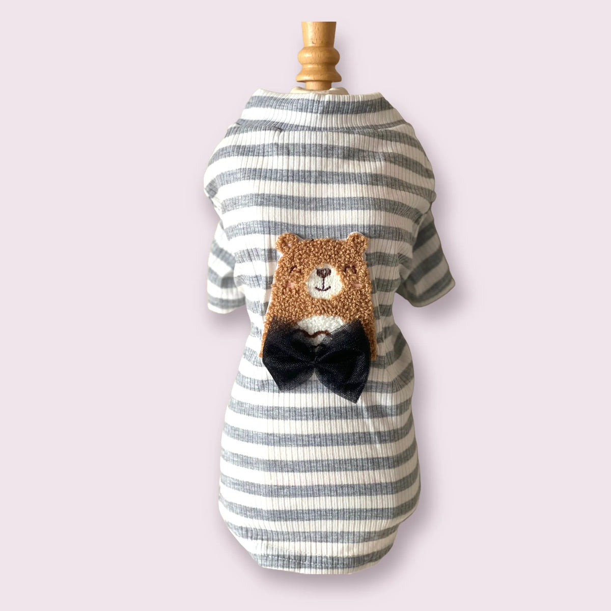 Pink Striped Turtleneck Dog Sweater with Teddy Bear Embroidery