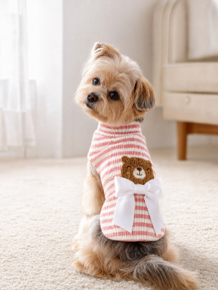 Pink Striped Turtleneck Dog Sweater with Teddy Bear Embroidery
