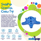 Blue Starfish chew toy on a colorful supplier information graphic