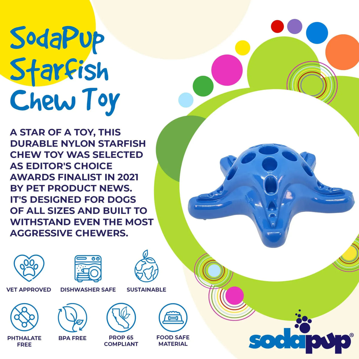 Blue Starfish chew toy on a colorful supplier information graphic