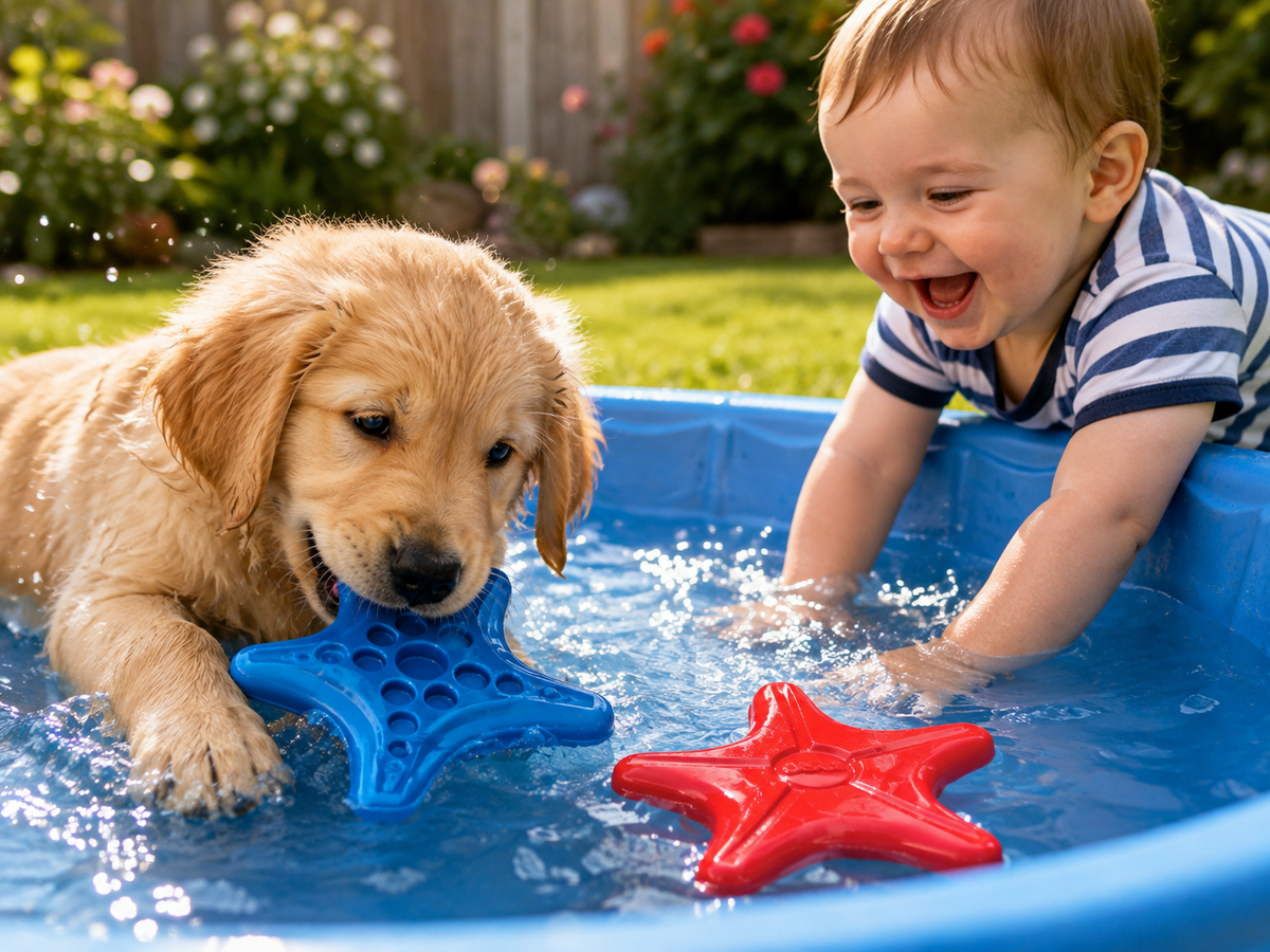 Puppy playing with a blue Starfish toy near a child and a red Starfish toy in a shallow pool