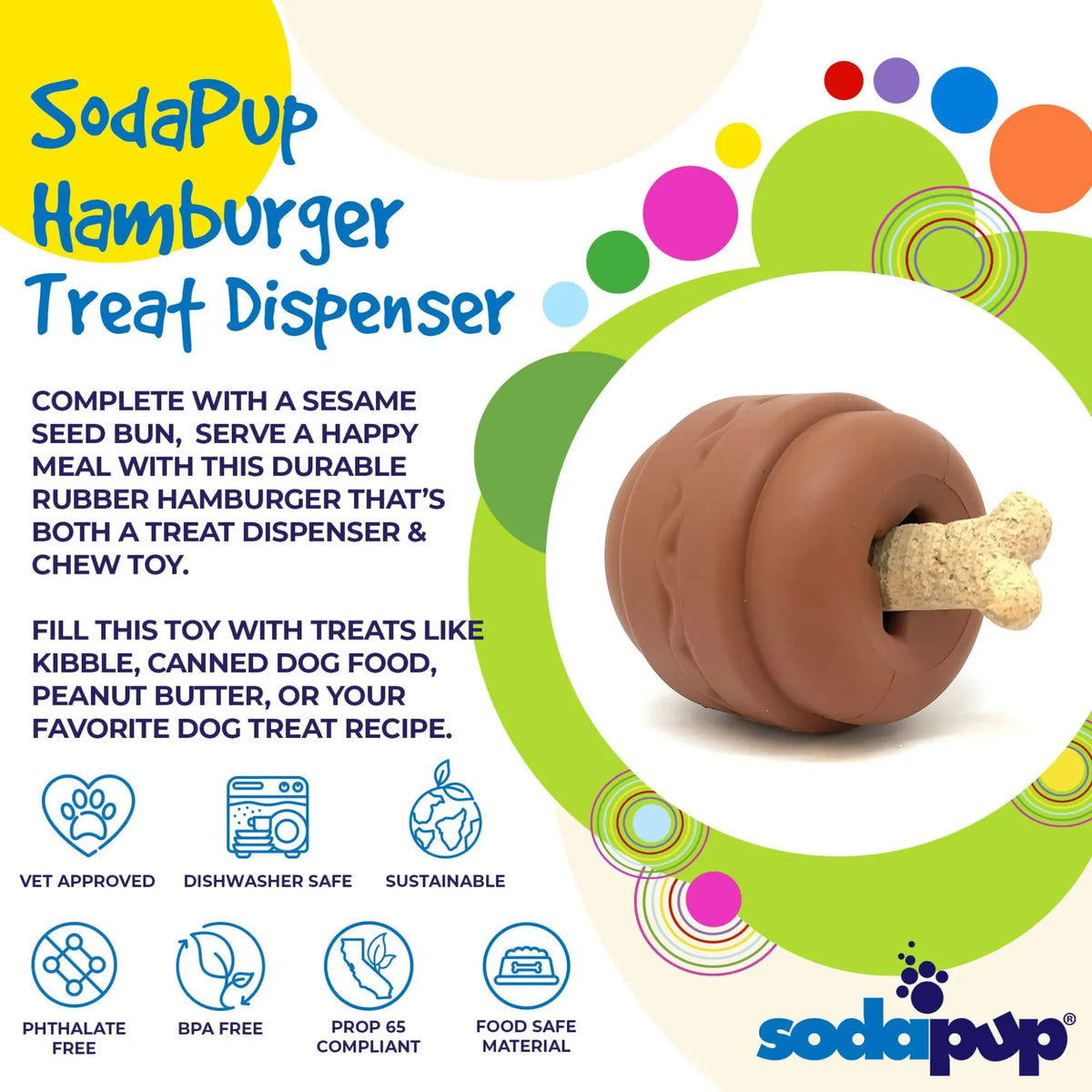 SodaPup Hamburger Rubber Dog Chew Toy & Treat Dispenser