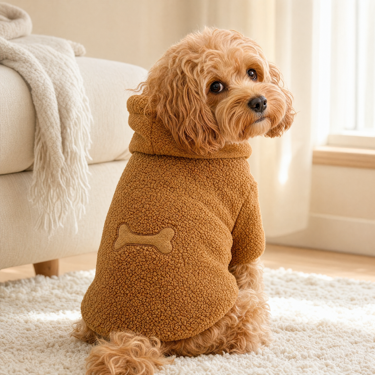 Small curly-haired tan dog wearing the Copper sherpa-style fleece sweater indoors