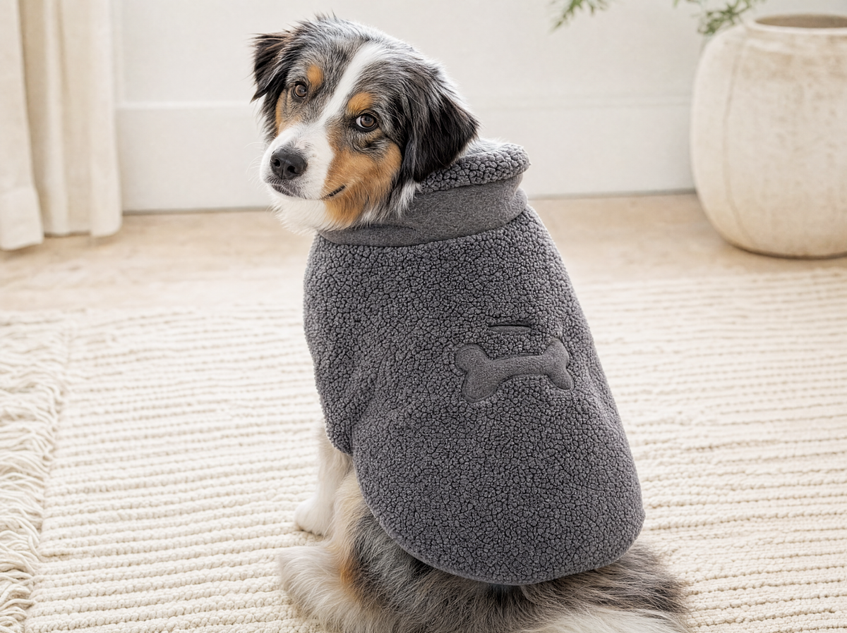 Black, white and tan dog wearing the Smoke sherpa-style fleece sweater while seated indoors