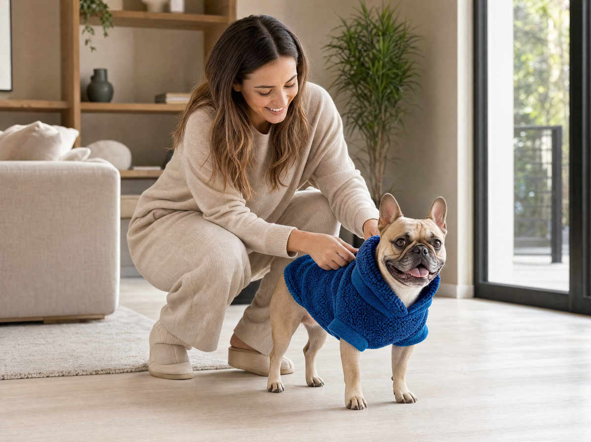 Small tan dog wearing the Ink blue sherpa-style fleece sweater beside a woman indoors