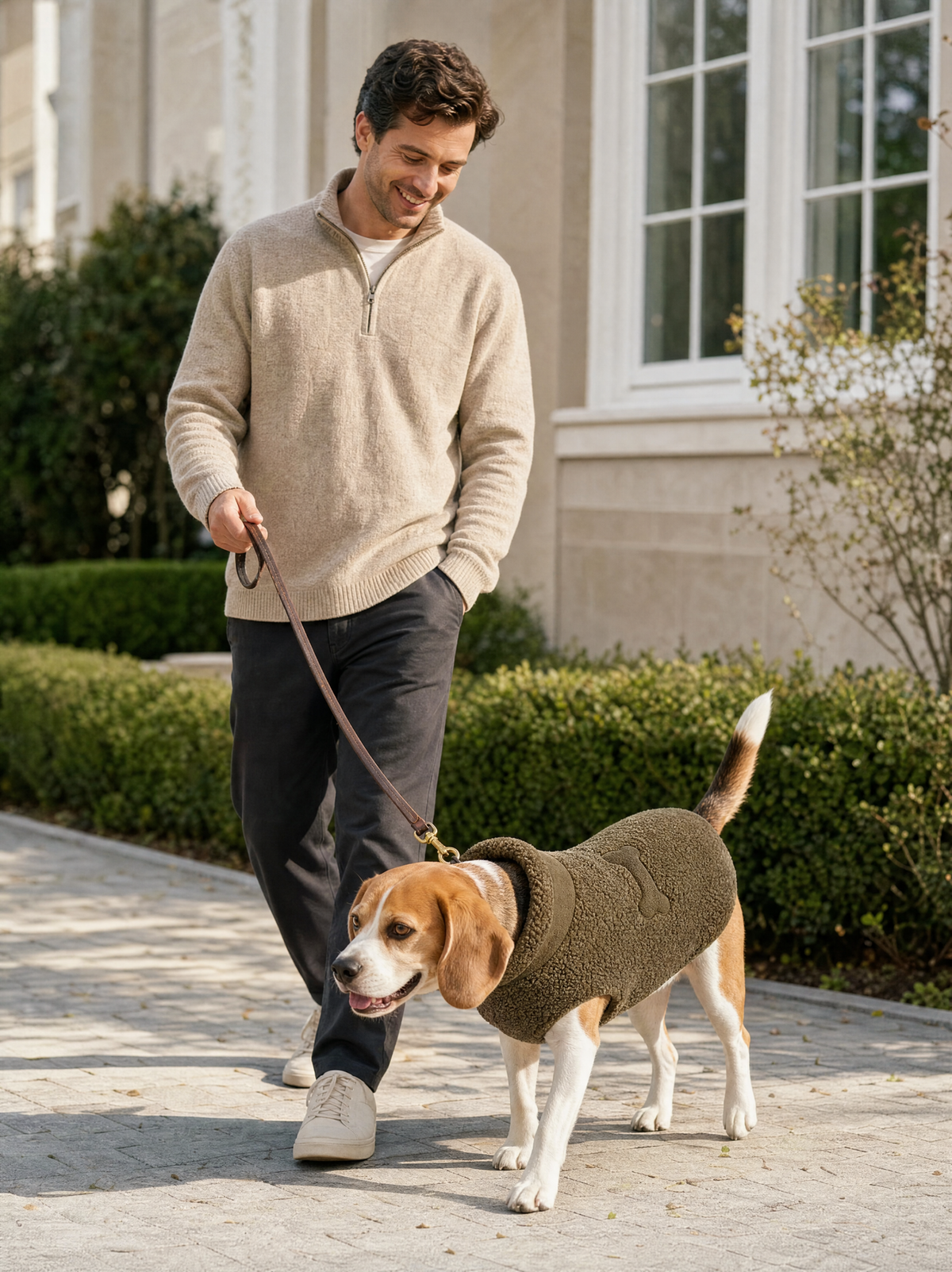 Brown-and-white dog wearing the Olive sherpa-style fleece sweater on a leash outdoors