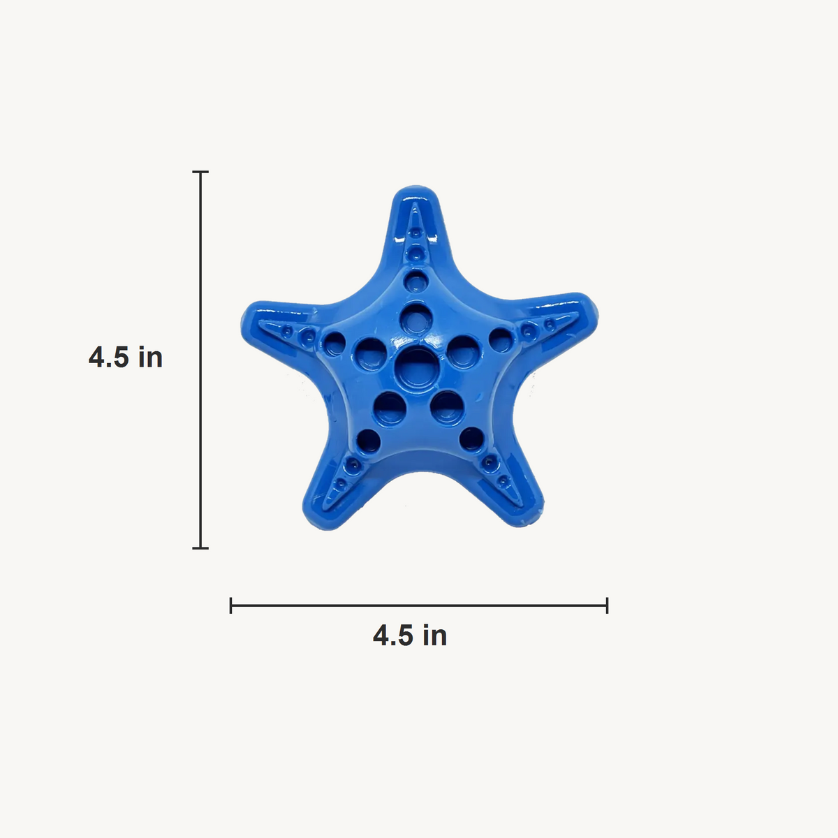 Blue starfish-shaped dog toy shown as 4.5 inches by 4.5 inches