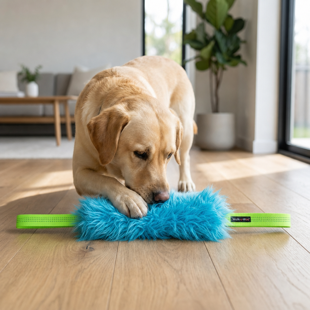 Dog playing with a blue furry tug toy with green handles
