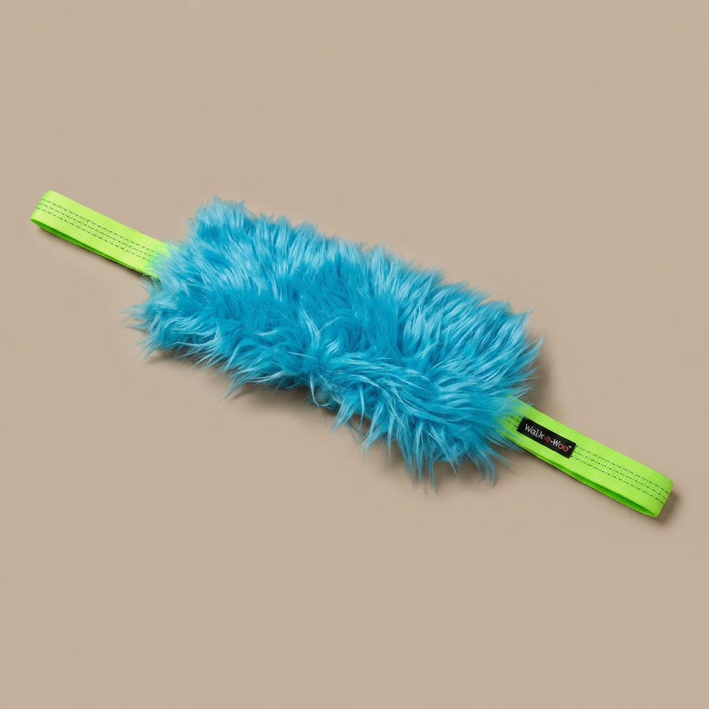 Blue furry tug dog toy with bright green handles