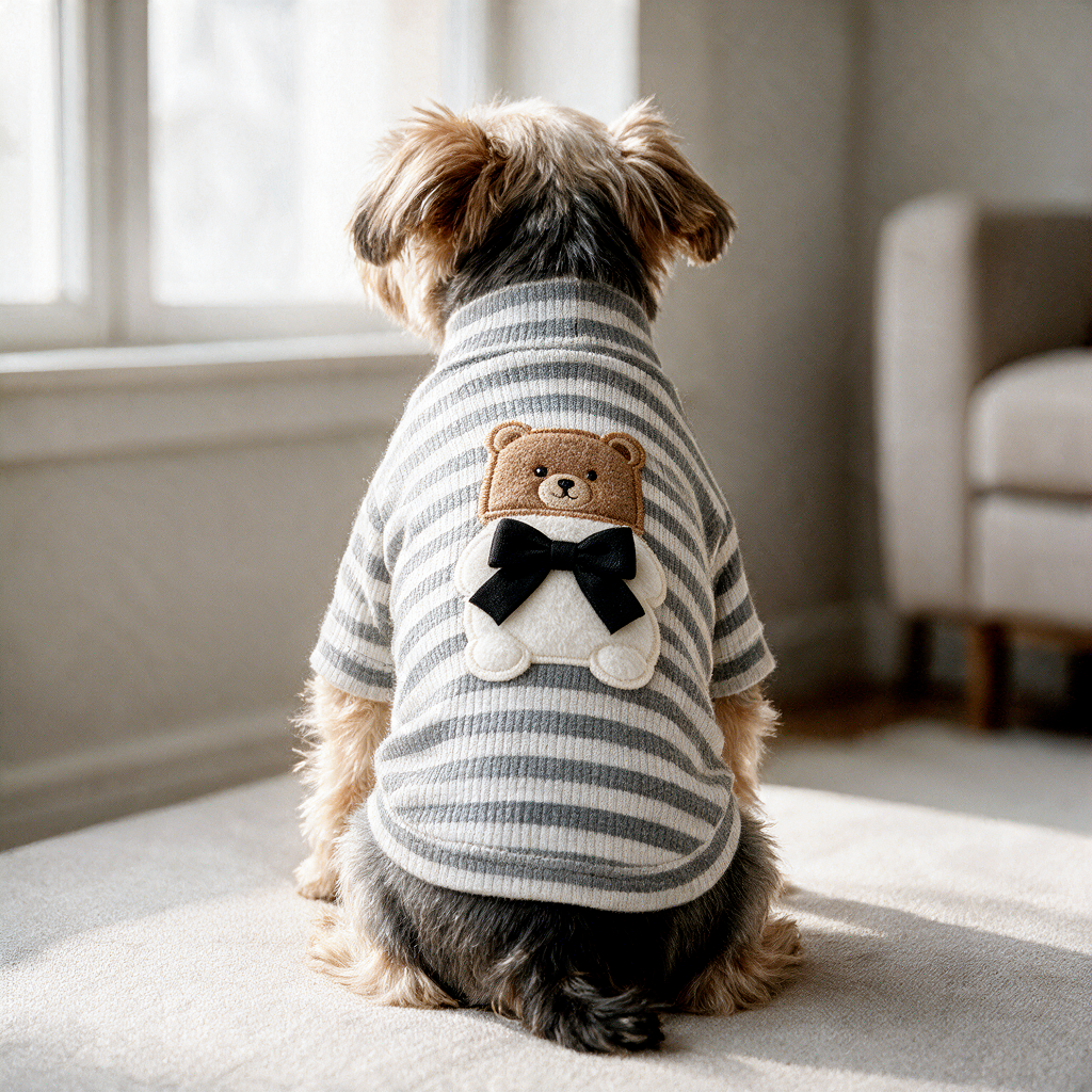 Pink Striped Turtleneck Dog Sweater with Teddy Bear Embroidery