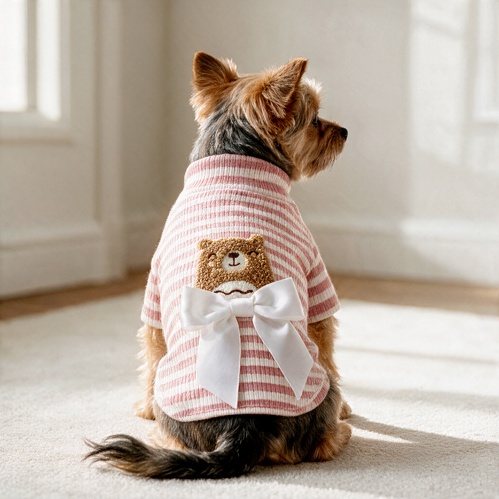 Pink Striped Turtleneck Dog Sweater with Teddy Bear Embroidery
