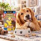 Golden retriever holding an Animal Crunchers biscuit beside the 12 oz box and a treat bowl indoors.