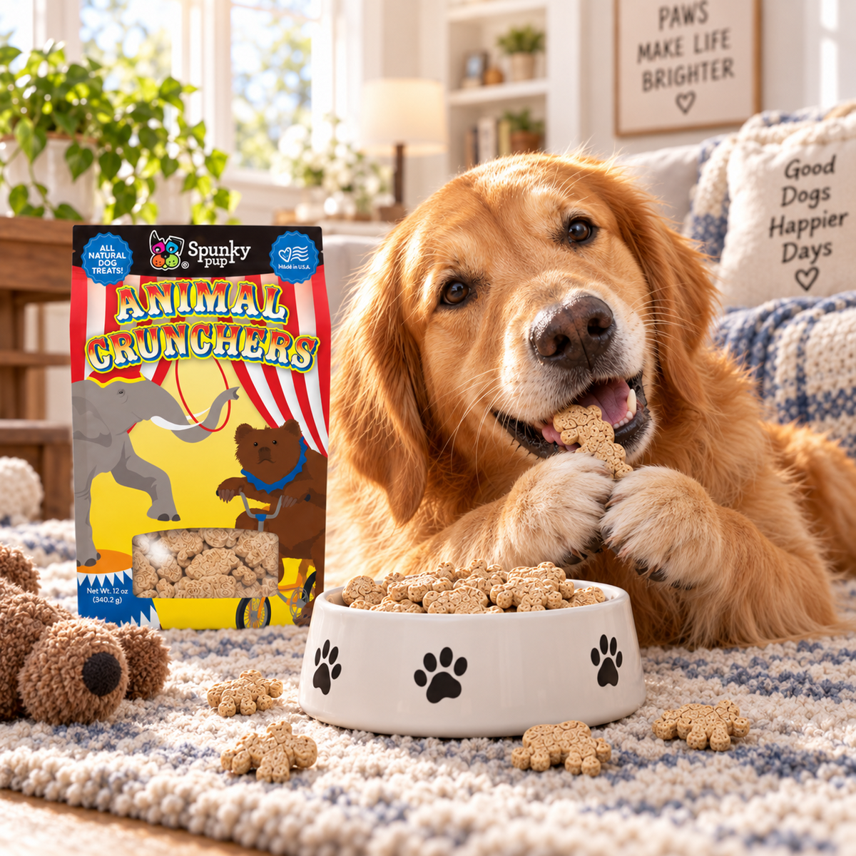 Golden retriever holding an Animal Crunchers biscuit beside the 12 oz box and a treat bowl indoors.