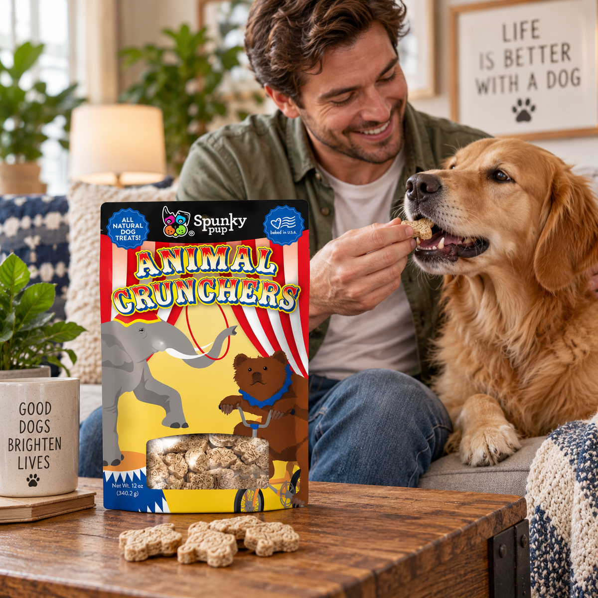 Person offering an Animal Crunchers biscuit to a golden retriever beside the 12 oz box.