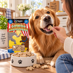 Hand offering an Animal Crunchers biscuit to a golden retriever beside the 12 oz box and a treat bowl.