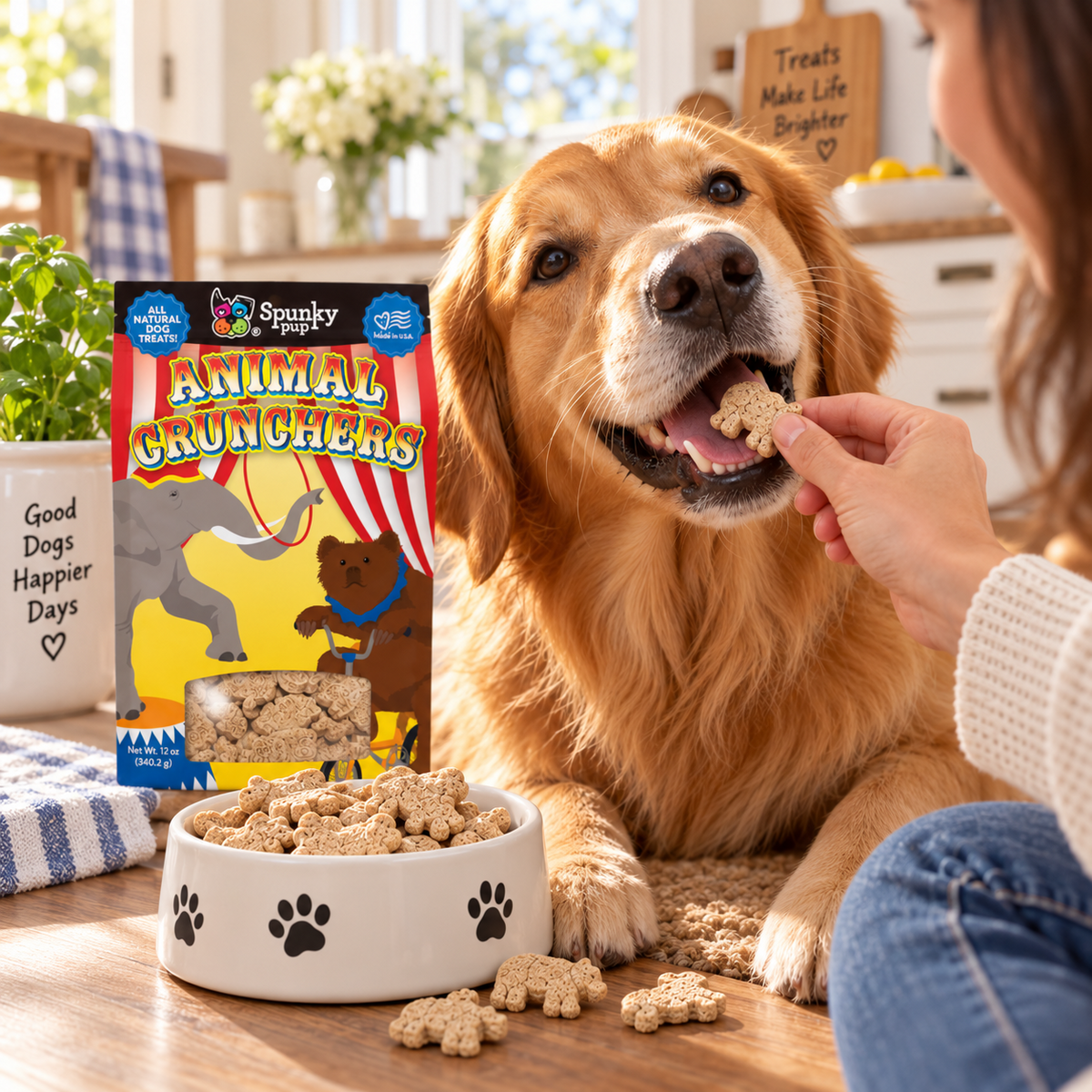 Hand offering an Animal Crunchers biscuit to a golden retriever beside the 12 oz box and a treat bowl.