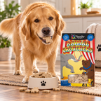 Golden retriever holding an Animal Crunchers biscuit beside the 12 oz box and a bowl of biscuits.