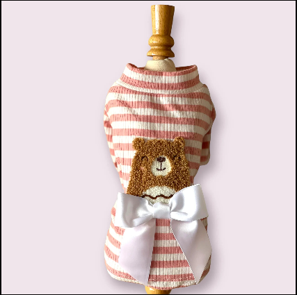 Pink Striped Turtleneck Dog Sweater with Teddy Bear Embroidery